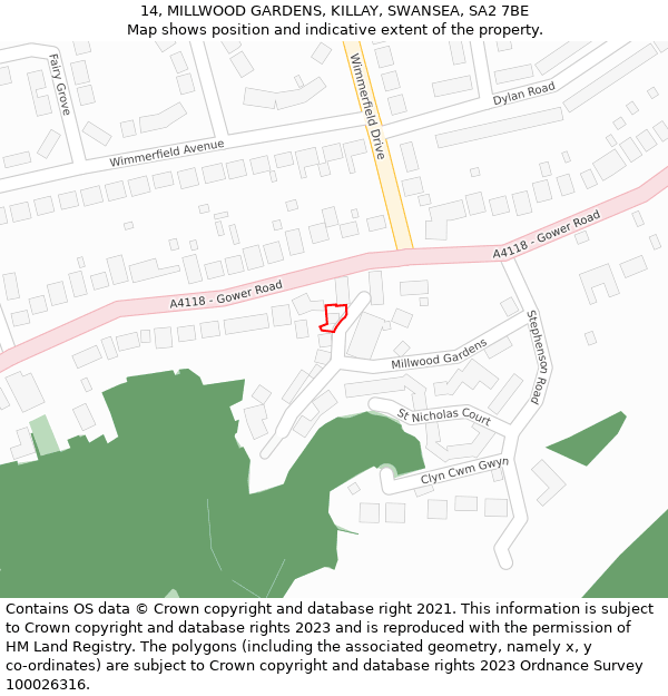 14, MILLWOOD GARDENS, KILLAY, SWANSEA, SA2 7BE: Location map and indicative extent of plot