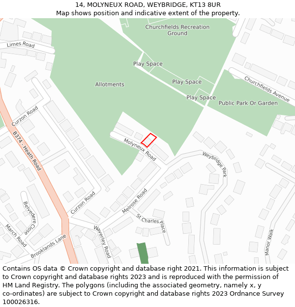 14, MOLYNEUX ROAD, WEYBRIDGE, KT13 8UR: Location map and indicative extent of plot
