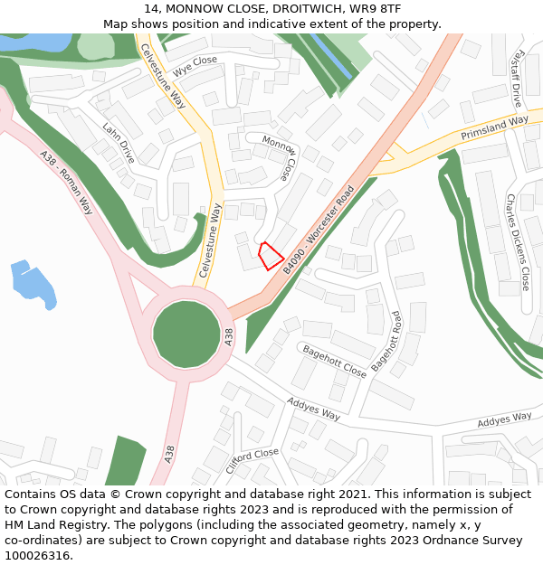 14, MONNOW CLOSE, DROITWICH, WR9 8TF: Location map and indicative extent of plot