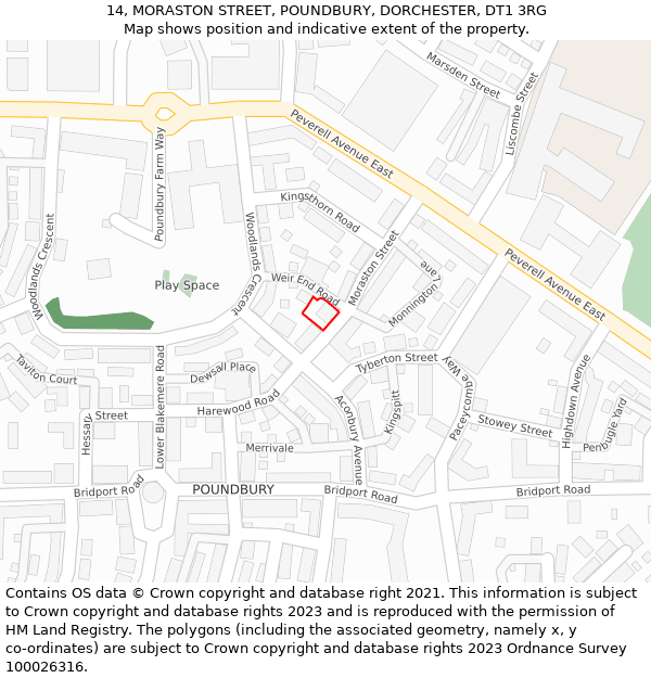 14, MORASTON STREET, POUNDBURY, DORCHESTER, DT1 3RG: Location map and indicative extent of plot