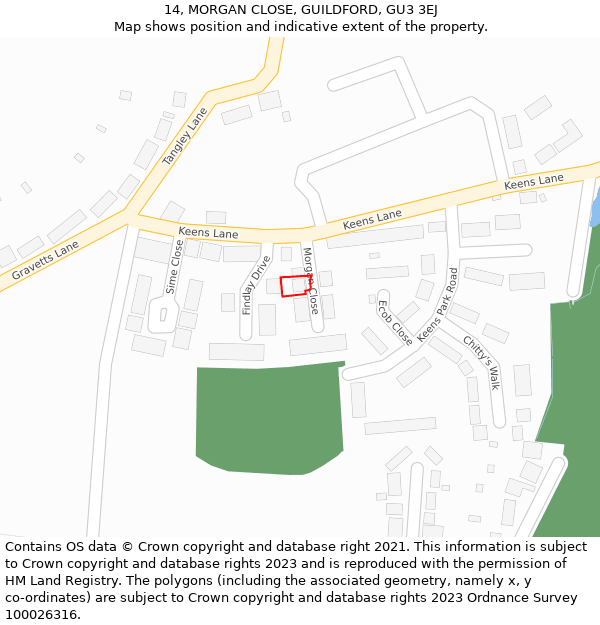 14, MORGAN CLOSE, GUILDFORD, GU3 3EJ: Location map and indicative extent of plot