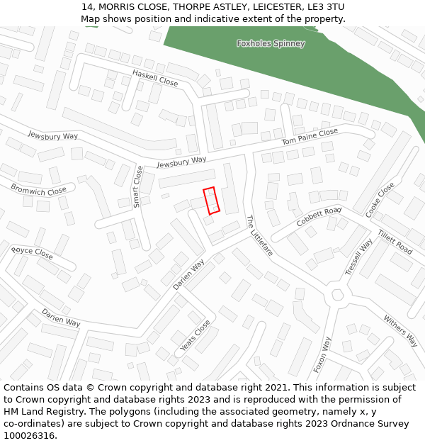 14, MORRIS CLOSE, THORPE ASTLEY, LEICESTER, LE3 3TU: Location map and indicative extent of plot