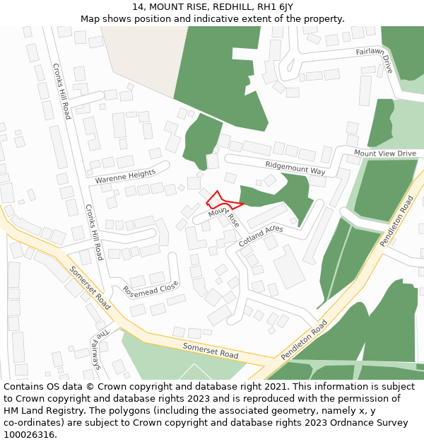 14, MOUNT RISE, REDHILL, RH1 6JY: Location map and indicative extent of plot