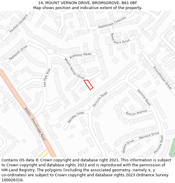 14, MOUNT VERNON DRIVE, BROMSGROVE, B61 0BF: Location map and indicative extent of plot