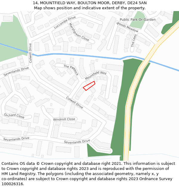 14, MOUNTFIELD WAY, BOULTON MOOR, DERBY, DE24 5AN: Location map and indicative extent of plot