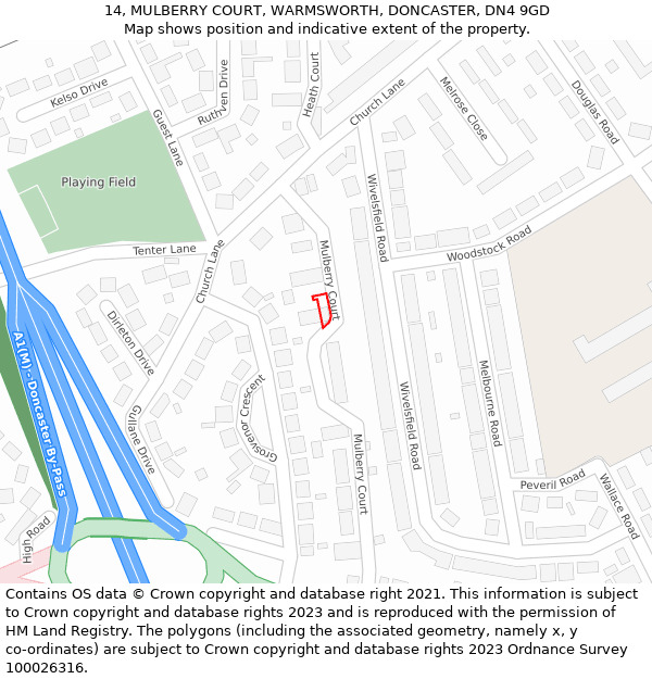 14, MULBERRY COURT, WARMSWORTH, DONCASTER, DN4 9GD: Location map and indicative extent of plot