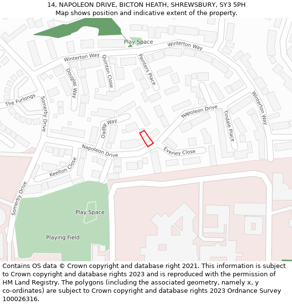 14, NAPOLEON DRIVE, BICTON HEATH, SHREWSBURY, SY3 5PH: Location map and indicative extent of plot