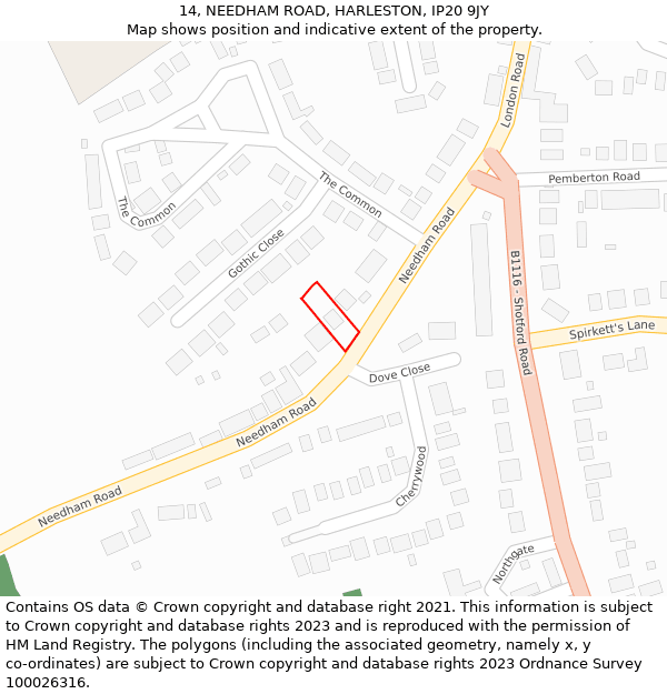 14, NEEDHAM ROAD, HARLESTON, IP20 9JY: Location map and indicative extent of plot