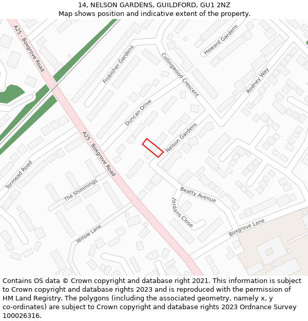 14, NELSON GARDENS, GUILDFORD, GU1 2NZ: Location map and indicative extent of plot