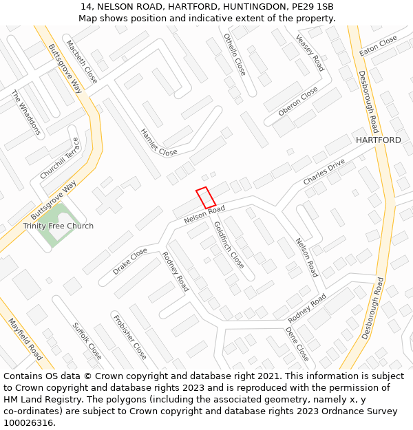 14, NELSON ROAD, HARTFORD, HUNTINGDON, PE29 1SB: Location map and indicative extent of plot