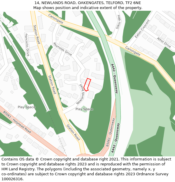 14, NEWLANDS ROAD, OAKENGATES, TELFORD, TF2 6NE: Location map and indicative extent of plot