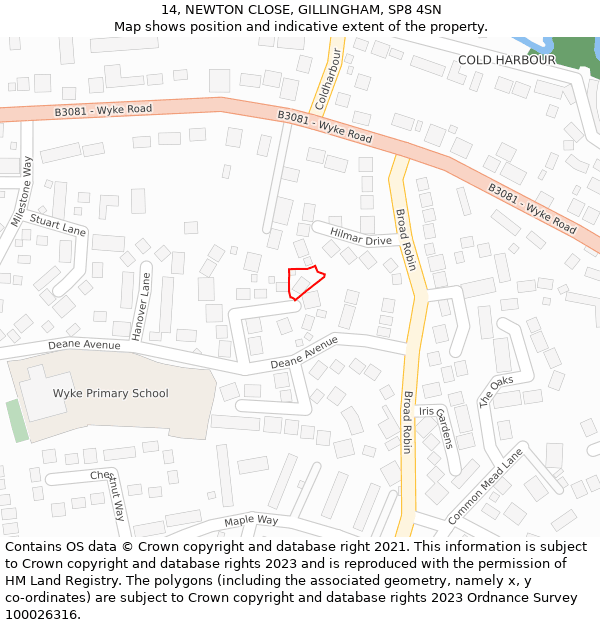 14, NEWTON CLOSE, GILLINGHAM, SP8 4SN: Location map and indicative extent of plot