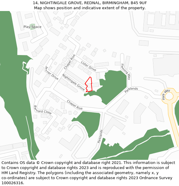 14, NIGHTINGALE GROVE, REDNAL, BIRMINGHAM, B45 9UF: Location map and indicative extent of plot