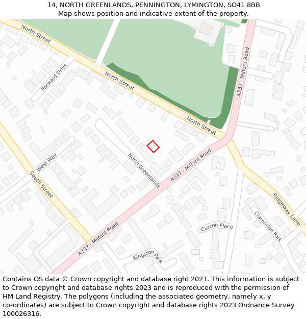 14, NORTH GREENLANDS, PENNINGTON, LYMINGTON, SO41 8BB: Location map and indicative extent of plot