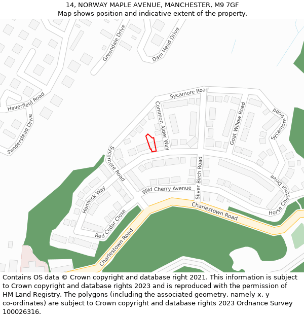 14, NORWAY MAPLE AVENUE, MANCHESTER, M9 7GF: Location map and indicative extent of plot