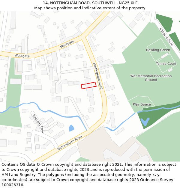 14, NOTTINGHAM ROAD, SOUTHWELL, NG25 0LF: Location map and indicative extent of plot