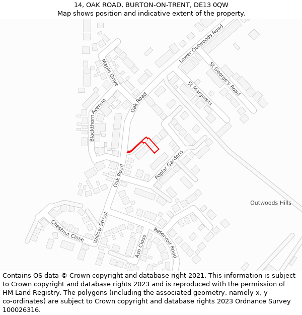 14, OAK ROAD, BURTON-ON-TRENT, DE13 0QW: Location map and indicative extent of plot
