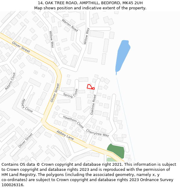 14, OAK TREE ROAD, AMPTHILL, BEDFORD, MK45 2UH: Location map and indicative extent of plot