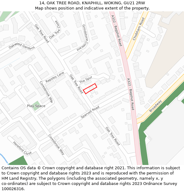 14, OAK TREE ROAD, KNAPHILL, WOKING, GU21 2RW: Location map and indicative extent of plot