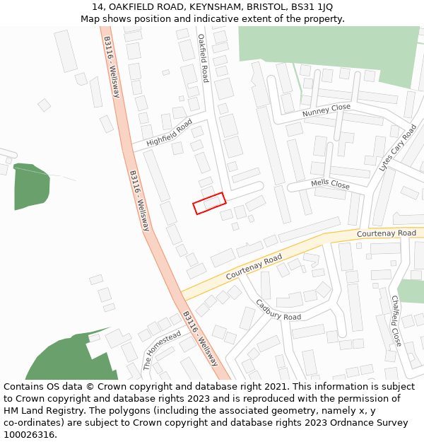 14, OAKFIELD ROAD, KEYNSHAM, BRISTOL, BS31 1JQ: Location map and indicative extent of plot