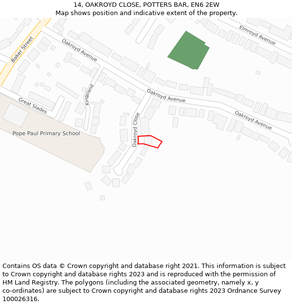 14, OAKROYD CLOSE, POTTERS BAR, EN6 2EW: Location map and indicative extent of plot