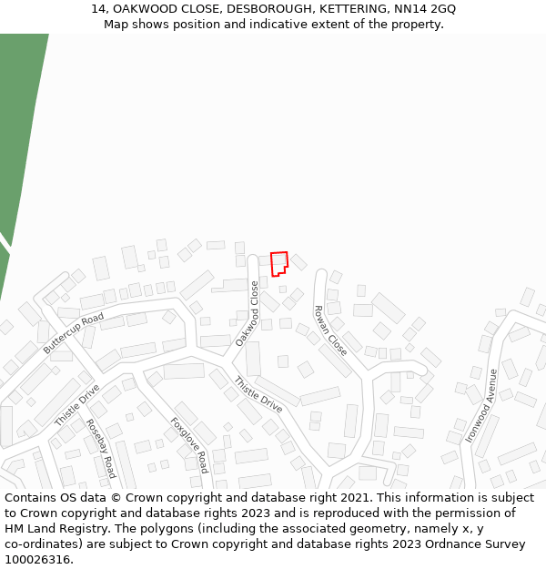 14, OAKWOOD CLOSE, DESBOROUGH, KETTERING, NN14 2GQ: Location map and indicative extent of plot