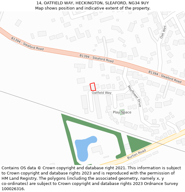 14, OATFIELD WAY, HECKINGTON, SLEAFORD, NG34 9UY: Location map and indicative extent of plot