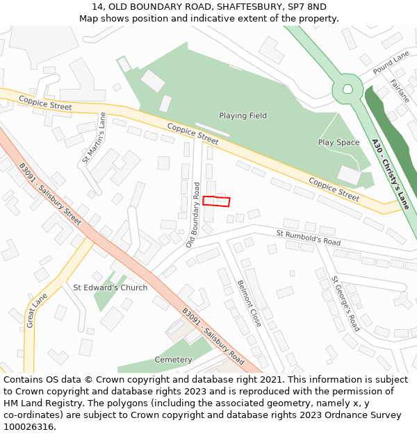 14, OLD BOUNDARY ROAD, SHAFTESBURY, SP7 8ND: Location map and indicative extent of plot