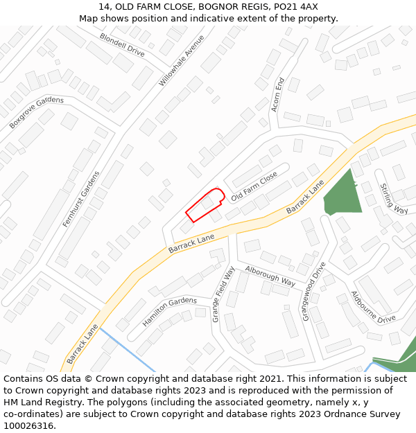 14, OLD FARM CLOSE, BOGNOR REGIS, PO21 4AX: Location map and indicative extent of plot