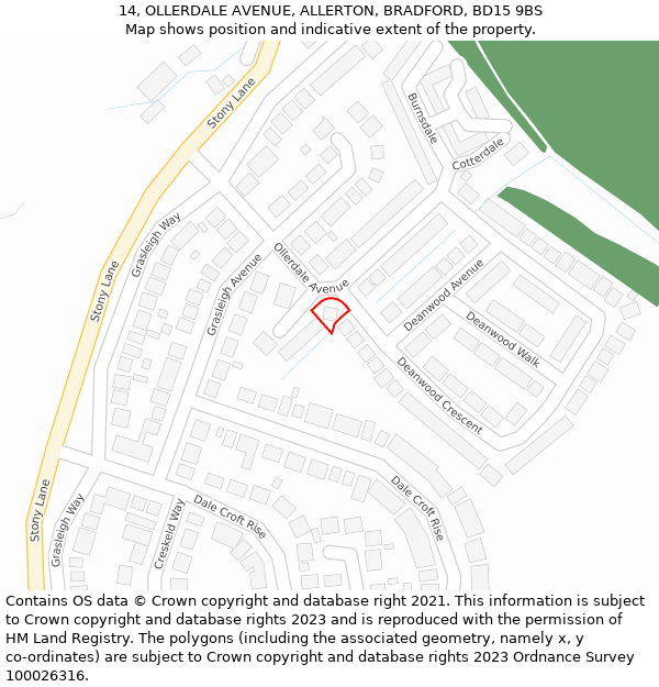 14, OLLERDALE AVENUE, ALLERTON, BRADFORD, BD15 9BS: Location map and indicative extent of plot