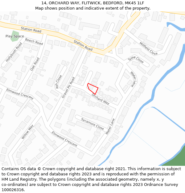 14, ORCHARD WAY, FLITWICK, BEDFORD, MK45 1LF: Location map and indicative extent of plot