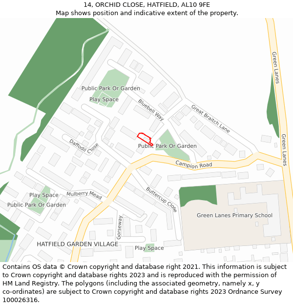 14, ORCHID CLOSE, HATFIELD, AL10 9FE: Location map and indicative extent of plot