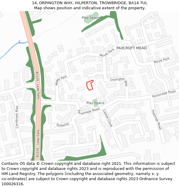 14, ORPINGTON WAY, HILPERTON, TROWBRIDGE, BA14 7UL: Location map and indicative extent of plot