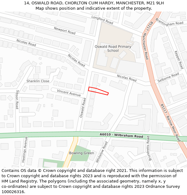 14, OSWALD ROAD, CHORLTON CUM HARDY, MANCHESTER, M21 9LH: Location map and indicative extent of plot