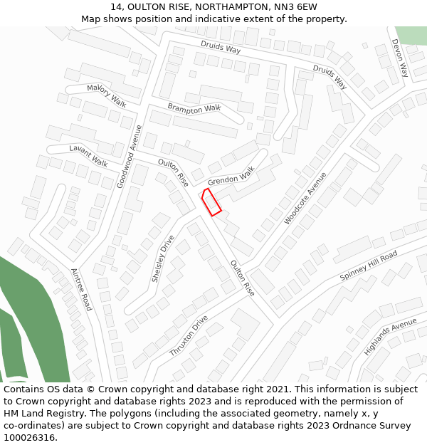 14, OULTON RISE, NORTHAMPTON, NN3 6EW: Location map and indicative extent of plot