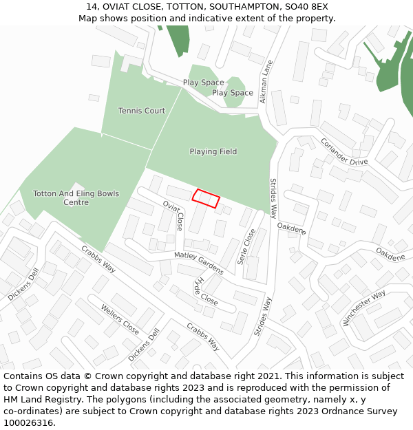 14, OVIAT CLOSE, TOTTON, SOUTHAMPTON, SO40 8EX: Location map and indicative extent of plot