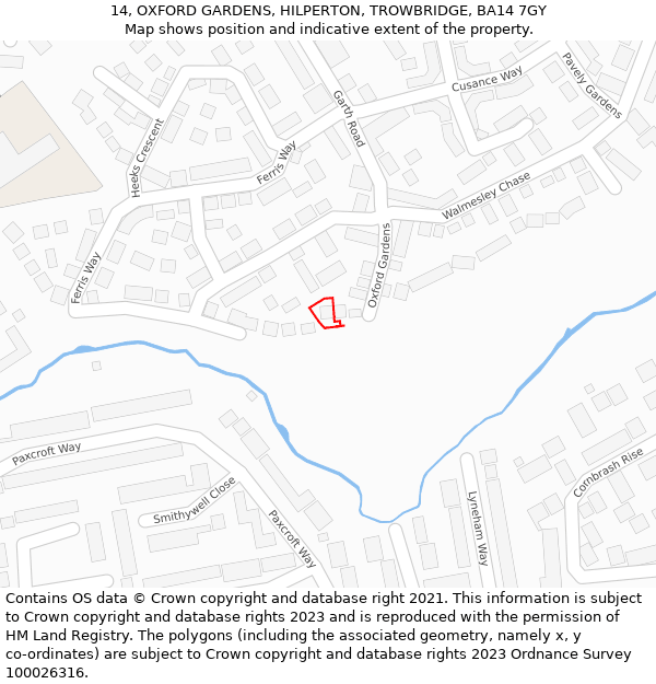 14, OXFORD GARDENS, HILPERTON, TROWBRIDGE, BA14 7GY: Location map and indicative extent of plot