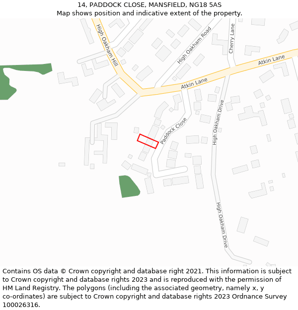 14, PADDOCK CLOSE, MANSFIELD, NG18 5AS: Location map and indicative extent of plot