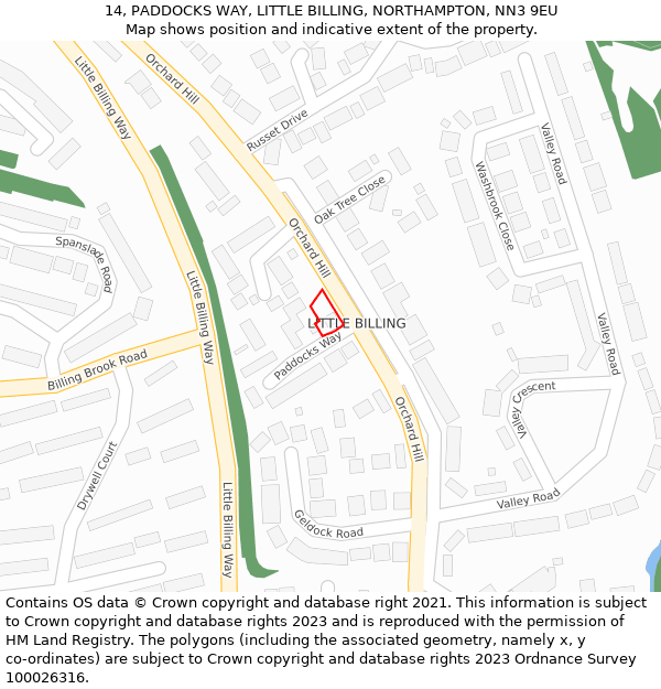 14, PADDOCKS WAY, LITTLE BILLING, NORTHAMPTON, NN3 9EU: Location map and indicative extent of plot