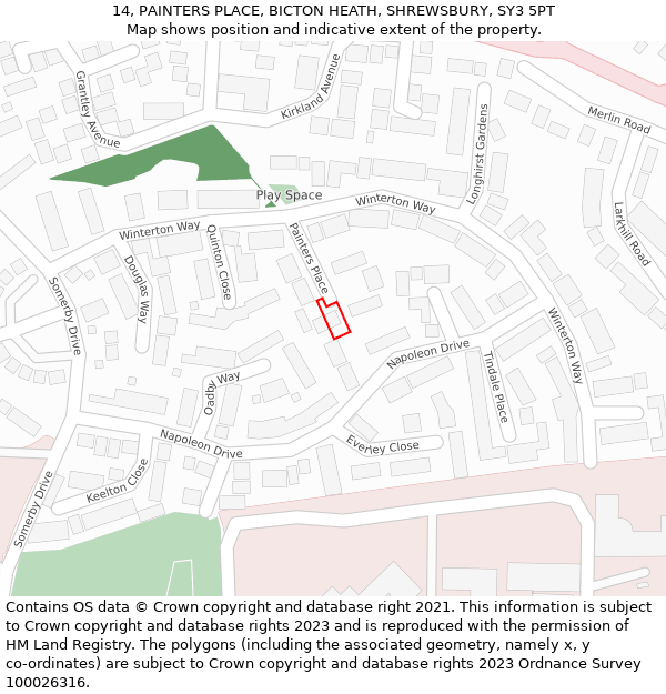 14, PAINTERS PLACE, BICTON HEATH, SHREWSBURY, SY3 5PT: Location map and indicative extent of plot