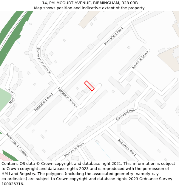 14, PALMCOURT AVENUE, BIRMINGHAM, B28 0BB: Location map and indicative extent of plot