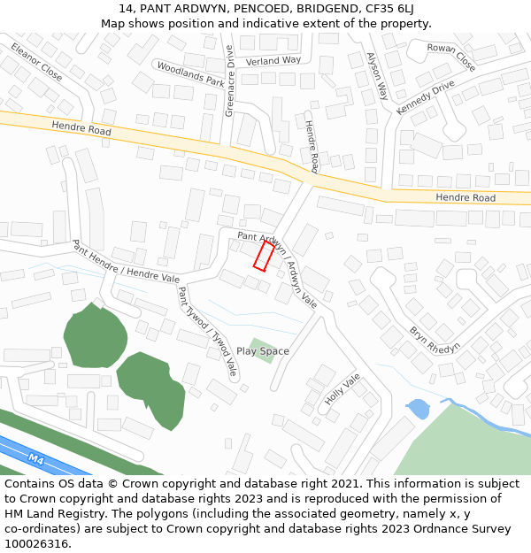 14, PANT ARDWYN, PENCOED, BRIDGEND, CF35 6LJ: Location map and indicative extent of plot