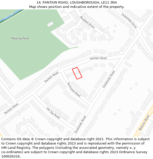14, PANTAIN ROAD, LOUGHBOROUGH, LE11 3NA: Location map and indicative extent of plot