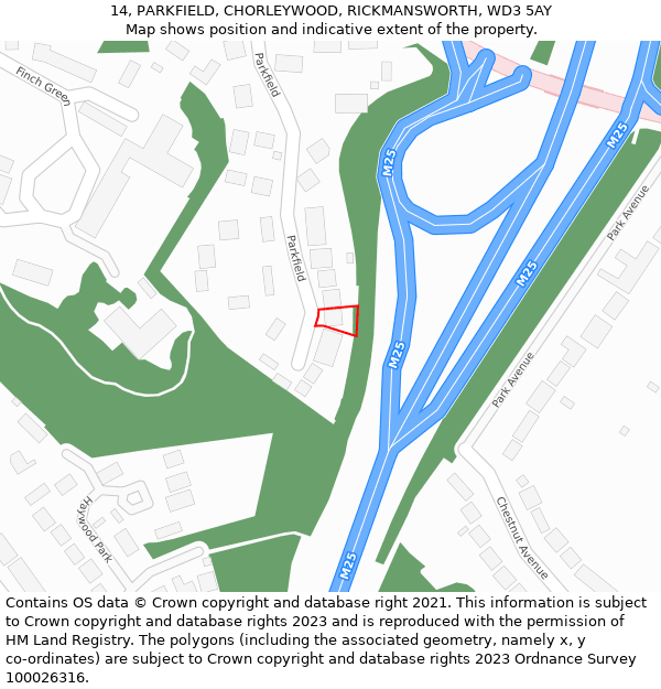 14, PARKFIELD, CHORLEYWOOD, RICKMANSWORTH, WD3 5AY: Location map and indicative extent of plot