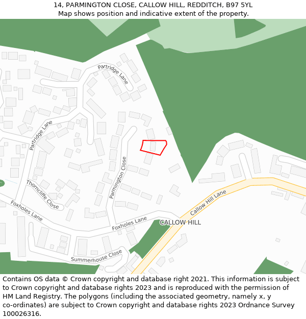 14, PARMINGTON CLOSE, CALLOW HILL, REDDITCH, B97 5YL: Location map and indicative extent of plot