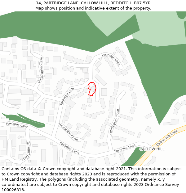 14, PARTRIDGE LANE, CALLOW HILL, REDDITCH, B97 5YP: Location map and indicative extent of plot