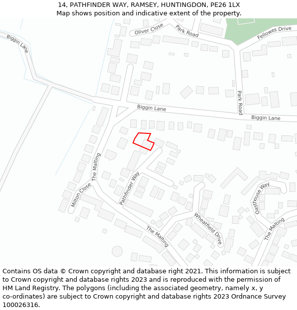 14, PATHFINDER WAY, RAMSEY, HUNTINGDON, PE26 1LX: Location map and indicative extent of plot