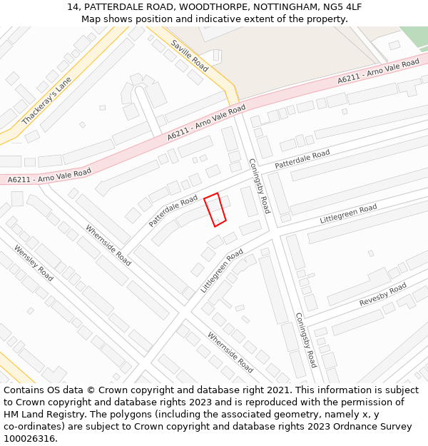 14, PATTERDALE ROAD, WOODTHORPE, NOTTINGHAM, NG5 4LF: Location map and indicative extent of plot