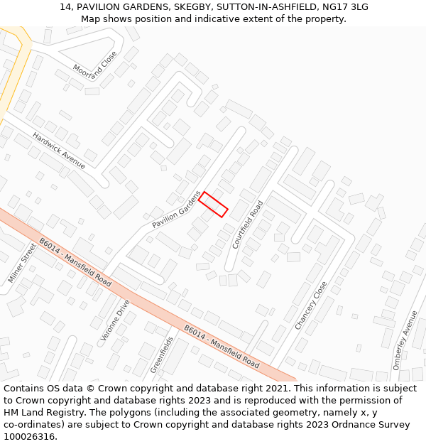 14, PAVILION GARDENS, SKEGBY, SUTTON-IN-ASHFIELD, NG17 3LG: Location map and indicative extent of plot