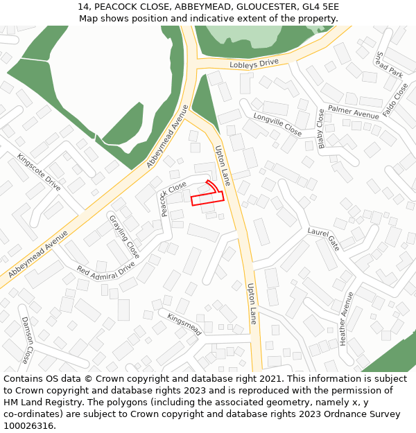 14, PEACOCK CLOSE, ABBEYMEAD, GLOUCESTER, GL4 5EE: Location map and indicative extent of plot